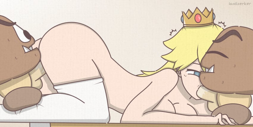 1girls 2boys ass blonde_hair blowjob blue_eyes breasts crown doggy_style fellatio female goomba interspecies landzerker long_hair male mario_(series) multiple_boys nintendo nude penis princess_peach sex side_view simple_background testicles thighhighs white_background