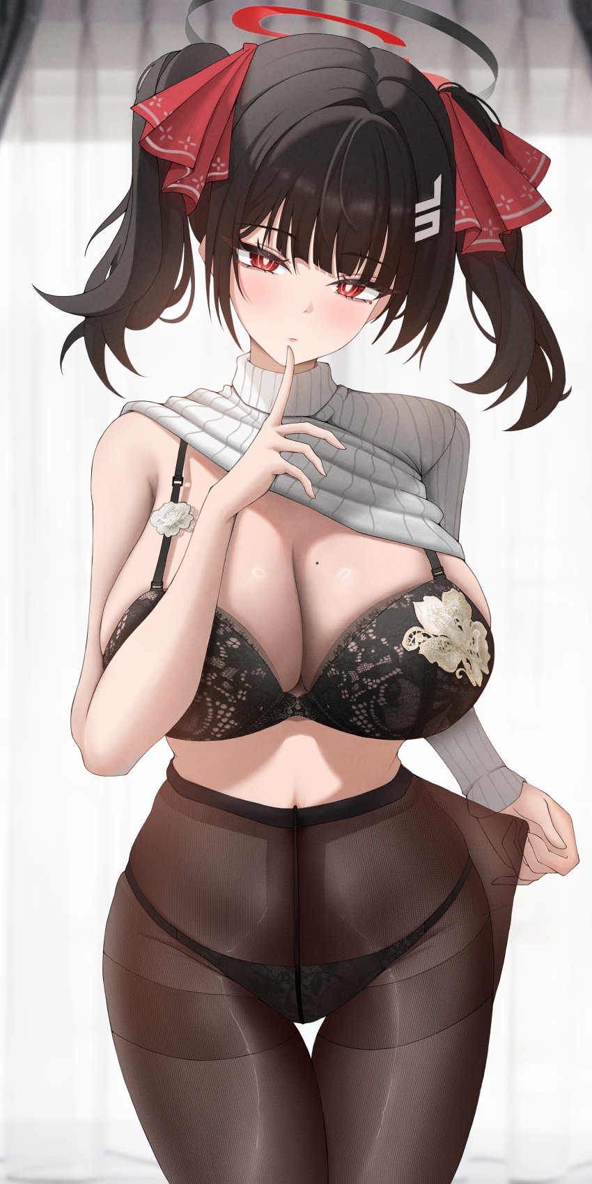 1girls absurdres alternate_hairstyle black_bra black_hair black_panties black_pantyhose blue_archive blush bra breasts bright_pupils cleavage closed_mouth commentary_request cowboy_shot female halo highres large_breasts long_hair looking_at_viewer mole mole_on_breast navel panties panties_under_pantyhose pantyhose red_eyes ribbed_sweater rio_(blue_archive) solo sweater taboo_(selfmadeappler) twintails underwear white_pupils white_sweater