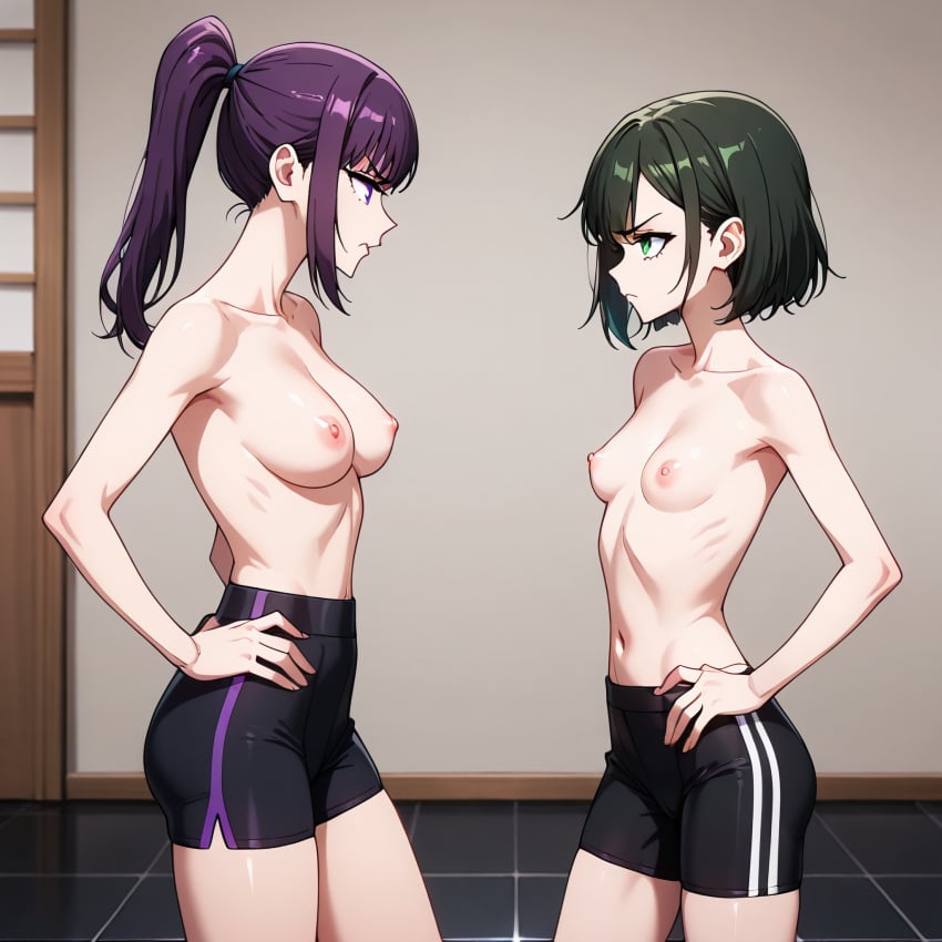 2girls ai_generated catfight female fight friends han_song-yi long_hair short_hair shorts slim_girl slim_waist solo_leveling staredown sung_jin-ah tagme teenage_girl teenager yuri