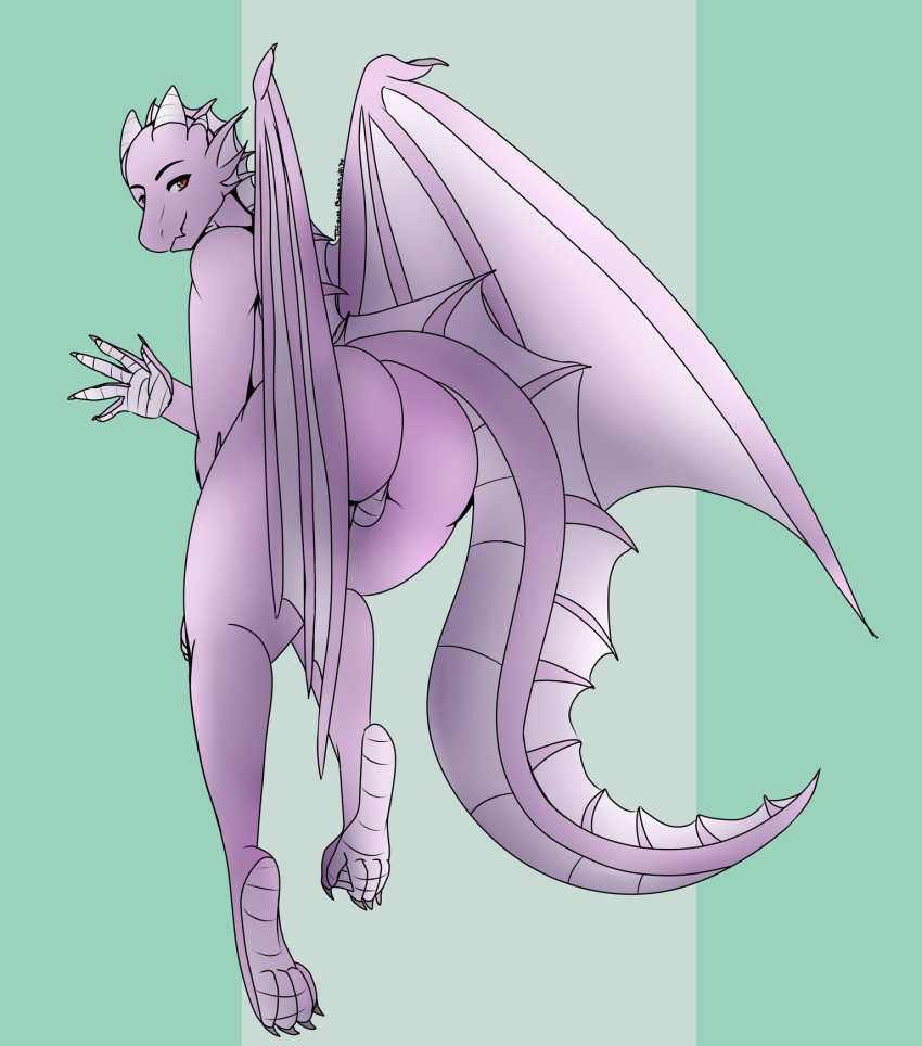 anthro ass backsack balls dragon frill_(anatomy) gesture girly green_background horn looking_at_viewer looking_back male male_only membrane_(anatomy) membranous_frill membranous_wings nude red_eyes scales scalie simple_background solo solo_male thuban tifa_(artist) waving wings