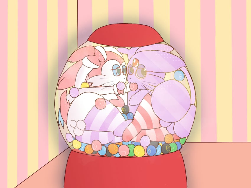 ass balls big_butt candy clothing cramped cuddling dessert duo eeveelution espeon eyewear feral food footwear generation_2_pokemon generation_6_pokemon genitals glasses gumball_machine hi_res legwear nanabsylve nintendo overweight pattern_clothing pokemon pokemon_(species) socks striped_clothing stripes sylveon thigh_highs whiskers