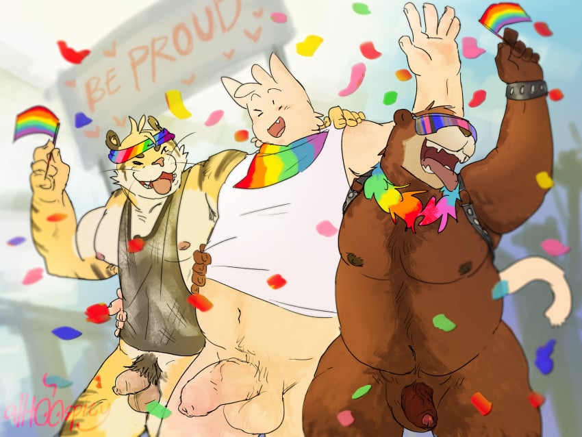 2025 2d 4:3 5_fingers alltoospicy anthro anthro_on_anthro ball_size_difference balls bear biped brown_body brown_fur countershade_face countershade_fur countershading digital_media felid fingers foreskin fur furry genitals group hi_res humanoid_genitalia humanoid_penis interspecies lgbt_pride lgbt_pride_month male male/male mammal muscular muscular_anthro muscular_male open_mouth open_smile overweight overweight_anthro overweight_male pantherine pecs penis penis_size_difference pride_colors pride_month pubes rainbow_flag rainbow_pride_colors rainbow_pride_flag rainbow_symbol smile striped_body striped_fur stripes tiger tongue tongue_out trio_focus uncircumcised whiskers