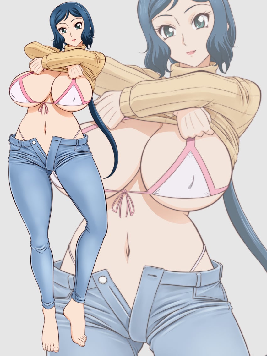 1girls barefoot bikini blue_eyes blue_hair feet female female_only female_solo gundam_build_fighters iori_rinko jeans short_hair solo solo_female solo_only sweater undressing