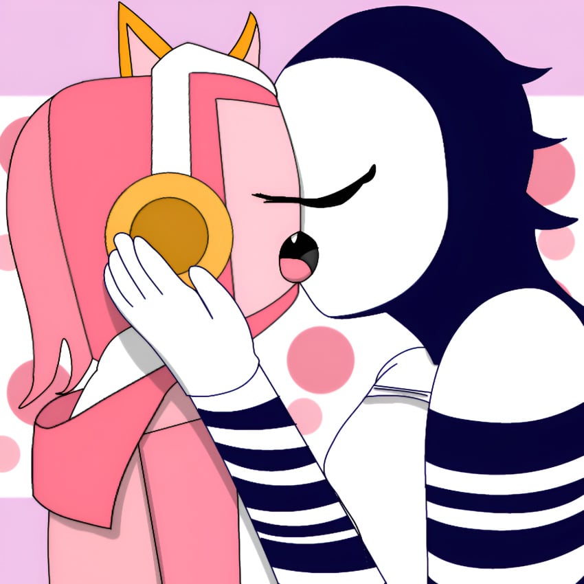 animal_ears breasts breasts_out cartoonish cartoonish_(incredibox_mod) closed_eyes fangs female_only french_kiss hand_on_head headphones incredibox incredibox_mod mask penny_(cartoonish) screen_face shirt_up tv tv_head tvgaming