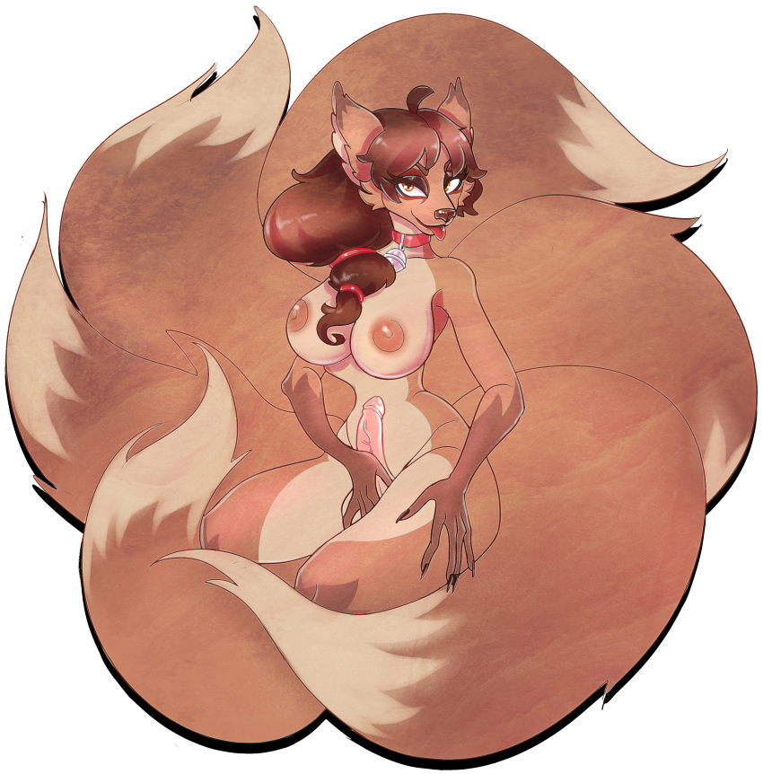 1futa 2019 balls bell breasts brown_hair canid canine collar fedyaray fox futanari hair humanoid_penis intersex mammal multi_tail penis ryoko_(character) solo solo_futa yellow_eyes