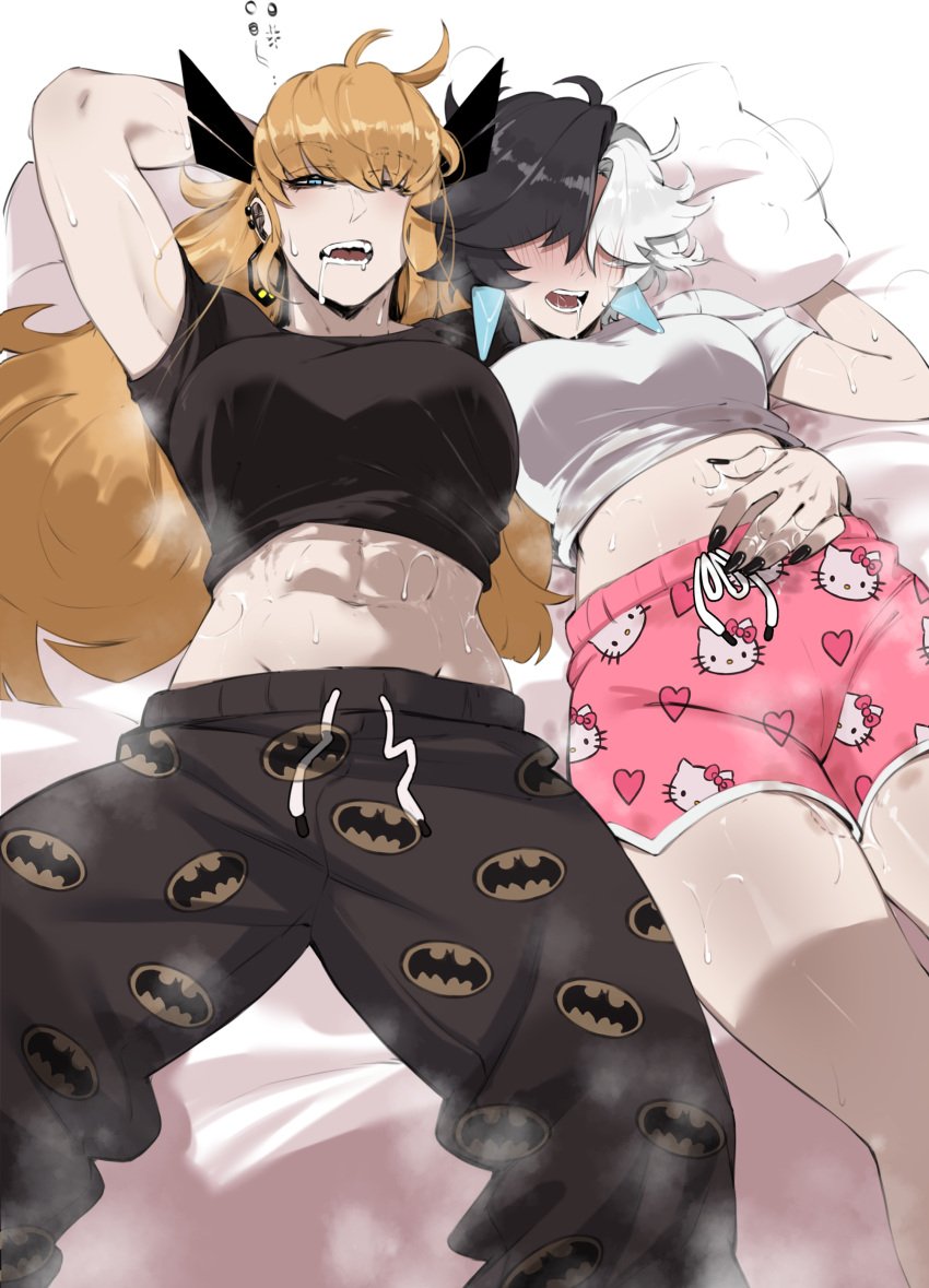 2girls abs batman_(series) batman_symbol big_breasts bite_mark bite_mark_on_hip bite_mark_on_neck bite_mark_on_stomach bite_marks blonde_hair blush choker drooling earrings exposed_midriff female female_only fully_clothed futa_on_female futa_with_female futadom futanari hello_kitty hello_kitty_(series) hickey hickey_marks hickeys implied_after_sex implied_sex implied_yuri interracial interracial_yuri intersex korean_female long_fingernails luna_snow luna_snow_(marvel_rivals) magik_(illyana_rasputin) magik_(marvel_rivals) marvel marvel_comics marvel_rivals masoq095 moaning multicolored_hair muscular muscular_female on_bed open_mouth painted_nails pajama_pants pajama_shirt pajamas pijama russian_female russian_girl seductive seductive_body seductive_eyes seductive_female seductive_gaze seductive_look seductive_mouth seductive_pose seductive_smile sharp_teeth sleeping stained_sheets sweat sweatdrop sweating sweaty vaginal_fluids vaginal_fluids_on_hand vaginal_juices yuri