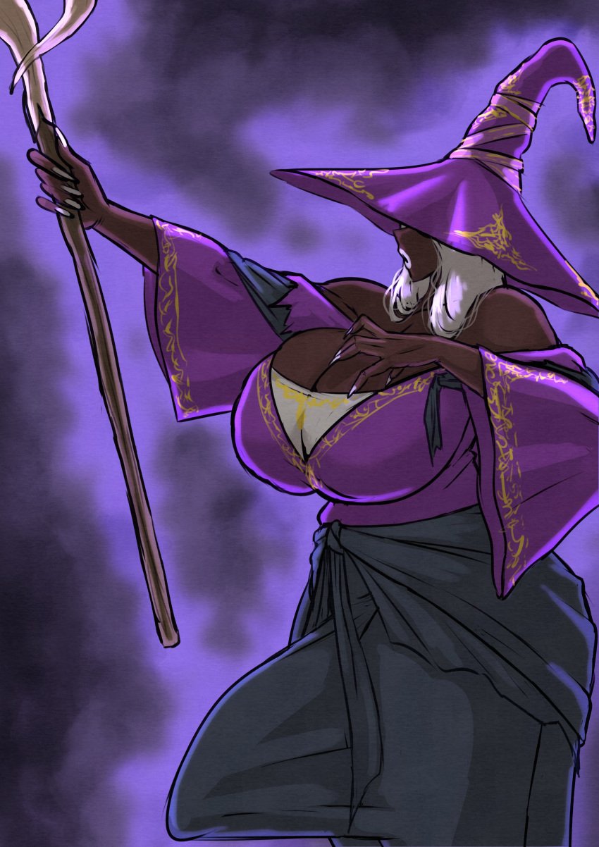1futa big_breasts bulge bulge_through_clothing dark_skin dittochad elden_ring_nightreign fully_clothed futanari intersex recluse_(nightreign) solo