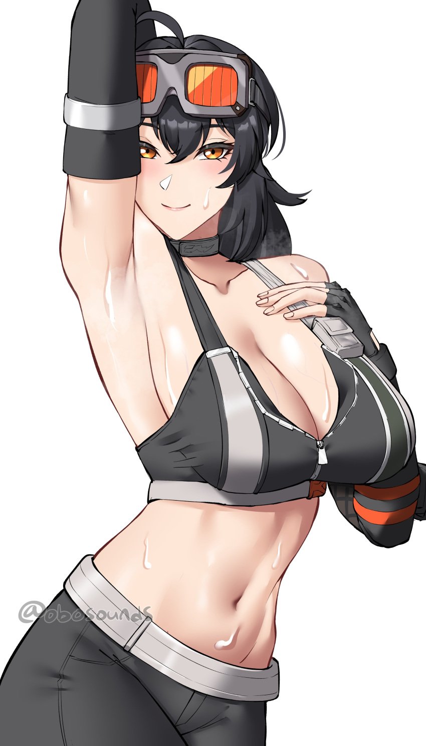 absurdres ahoge arm_pouch arm_up armpits asymmetrical_gloves bare_shoulders belt black_hair black_pants black_sports_bra breasts choker cleavage closed_mouth commentary crop_top elbow_gloves female fingerless_gloves gloves goggles goggles_on_head grace_howard grey_belt grey_choker hair_between_eyes hand_on_own_chest highres large_breasts long_hair looking_at_viewer mismatched_gloves navel obosounds orange_eyes pants presenting_armpit smile solo sports_bra sweat toned toned_female twitter_username white_background zenless_zone_zero zipper zipper_pull_tab zipper_top