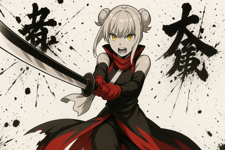 1girls action_pose ai_generated anime attacking_viewer female holding_sword holding_weapon ink japanese_text kanji katana lambai11 othercide pale_skin sfw standing sword twin_buns wallpaper white_background white_hair yellow_eyes