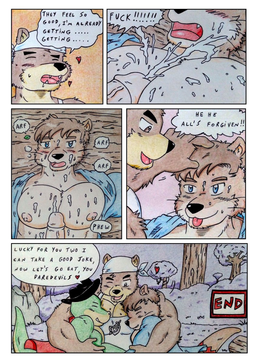 absurd_res anthro areola arf barazoku bear biceps big_pecs blue_clothing blue_eyes blue_topwear blush blush_lines bodily_fluids breathing breathing_noises brown_body brown_fur brown_hair closed_eyes clothed clothing colored_pencil_(artwork) comic comic_panel cum cum_covered cum_on_chest cum_on_face dashthefox dialogue different_sound_effects drooling duo ejaculation english_text excessive_cum excessive_genital_fluids forest forest_background fur genital_fluids genitals green_body hair heart_symbol hi_res hug humanoid_genitalia humanoid_penis kai_(dash_fox) lizard looking_at_viewer male male/male mammal manly marteau messy multicolored_body multicolored_fur muscular muscular_anthro muscular_male mustelid nature nature_background night nikel nipples open_mouth orgasm orgasm_face otter overweight overweight_male pecjob pecs penile penis pink_nipples plant red_clothing reptile saliva scalie sex shirt smile sound_effects speech_bubble sweat sweatdrop tail text thick_penis tongue tongue_out topwear touching_head traditional_media_(artwork) tree tree_trunk white_clothing