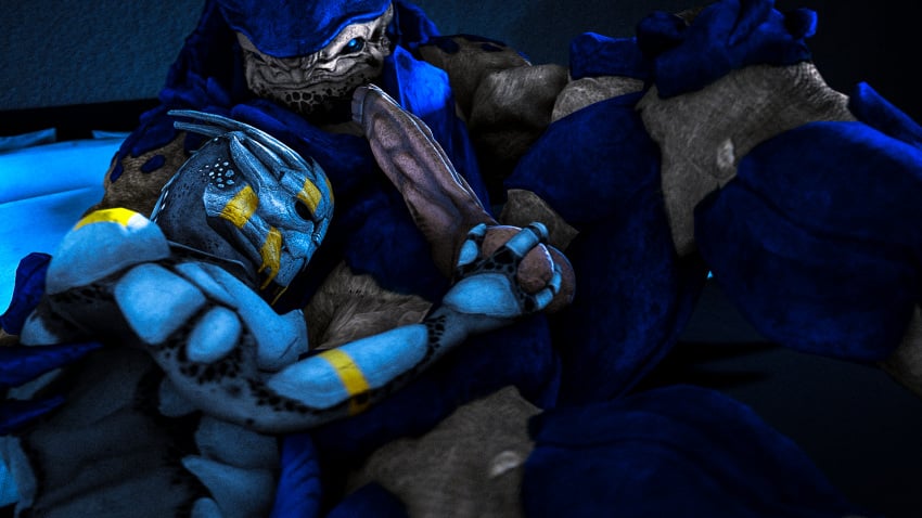 10s 16:9 2019 3d 3d_(artwork) alien alive_(artist) ball_fondling balls big_penis blue_eyes cuddling duo erection fondling hi_res humanoid krogan male male/male mass_effect nude penis source_filmmaker turian video_games