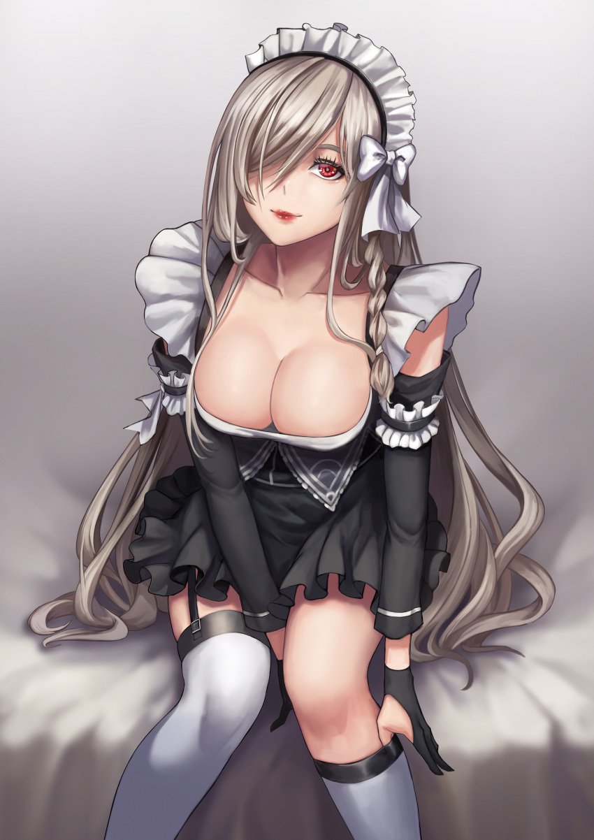 1girls breasts cleavage female female_only g36c_(girls'_frontline) girls'_frontline kibellin large_breasts looking_at_viewer maid maid_headdress maid_uniform solo thighhighs