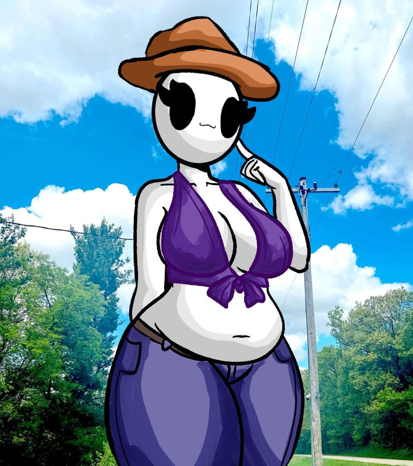 1girls bald bald_female belly belly_button belt black_eyes breasts chetoh chubby chubby_female claire_(chetoh) cleavage cowboy_hat egg female female_focus female_only finger_on_head hat jeans oc original original_character photo_background power_lines purple_topwear sky white_body