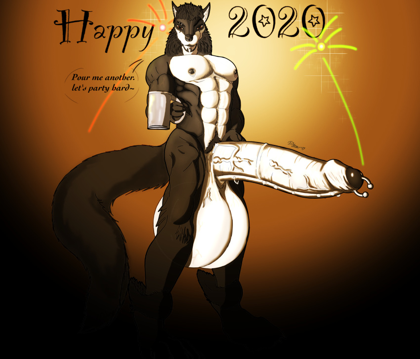 balls big_balls big_penis black_nipples black_tip canid canine canis cup fenrir_osbone fenrir_osbone_(character) fireworks huge_balls humanoid_penis long_penis long_tail male male_only mammal medial_ring muscular nipple_piercing nipples penis piercing solo standing uncut vein veiny_penis white_penis wolf