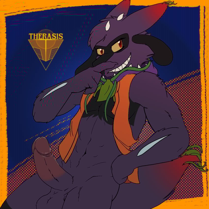 anthro balls clothed clothing erection fingers fur generation_4_pokemon genitals glans hand_on_hip hand_on_own_hip hi_res humanoid_genitalia humanoid_penis looking_at_viewer lucario male male_anthro nintendo nude open_clothing open_topwear penis pokemon pokemon_(species) pose purple_body red_eyes riolu smile standing tail therasis topwear