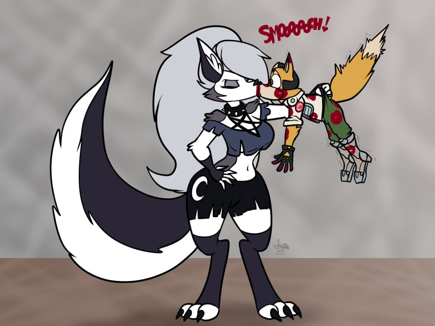 1boy 1girls 2d 2d_(artwork) 2d_artwork anthro anthro_on_anthro big_tail breasts clawed_feet closed_eyes collar crossover curvy curvy_female curvy_figure demon demon_girl digital_drawing_(artwork) digital_media_(artwork) duo duo_focus eyelashes eyeshadow fox fox_boy fox_ears fox_mccloud fox_tail furry furry_female furry_male goth goth_girl grey_eyeshadow grey_hair hand_on_hip height_difference hellhound hips jamearts kiss_mark kissing kissing lifting lifting_person loona_(helluva_boss) medium_breasts navel nintendo red_lips red_lipstick red_lipstick_mark shocked shocked_expression shocked_eyes size_difference spiked spiked_collar star_fox two_tone_body two_tone_fur vivienne_medrano vivziepop white_fur wide_hips yellow_fur