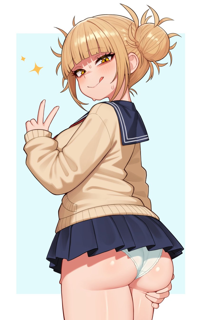 1girls ass big_ass blonde_hair blue_skirt blush bottomwear clothing double_bun female female_only hair hair_bun hand_on_ass himiko_toga looking_back moursho my_hero_academia panties peace_sign school_uniform schoolgirl schoolgirl_uniform short_skirt skirt smile solo solo_female sparkles thighs tongue tongue_out topwear white_panties yellow_eyes