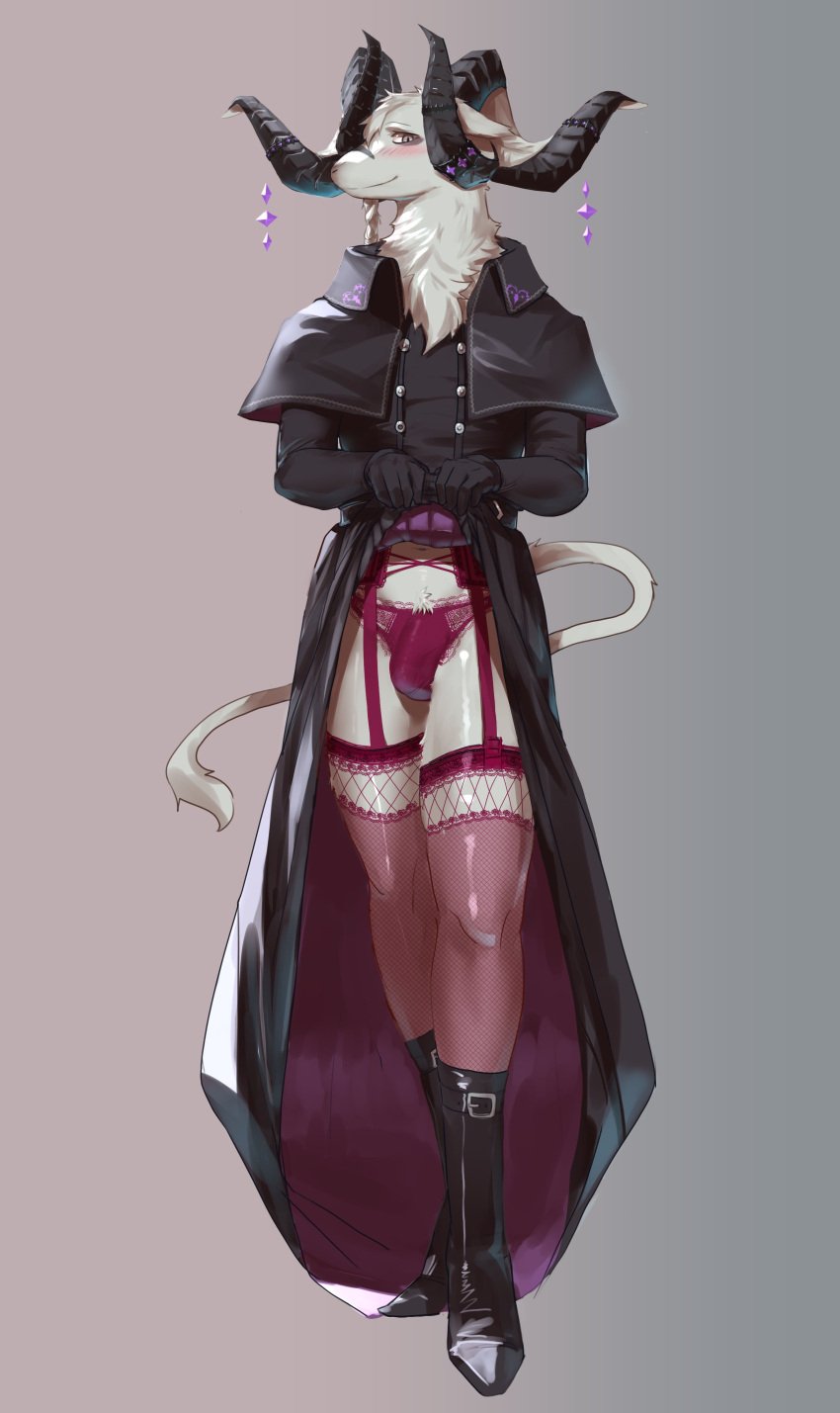 absurd_res anthro blush boots bovid bulge burping_up_clothing caprine clothed clothing crossdressing detailed_bulge footwear fur garter_straps gloves goat handwear hi_res high_heeled_boots high_heels horn legwear lifewonders live_a_hero male male_only mammal panties presenting rotton shoes solo tail thigh_highs underwear vlaham white_body white_fur