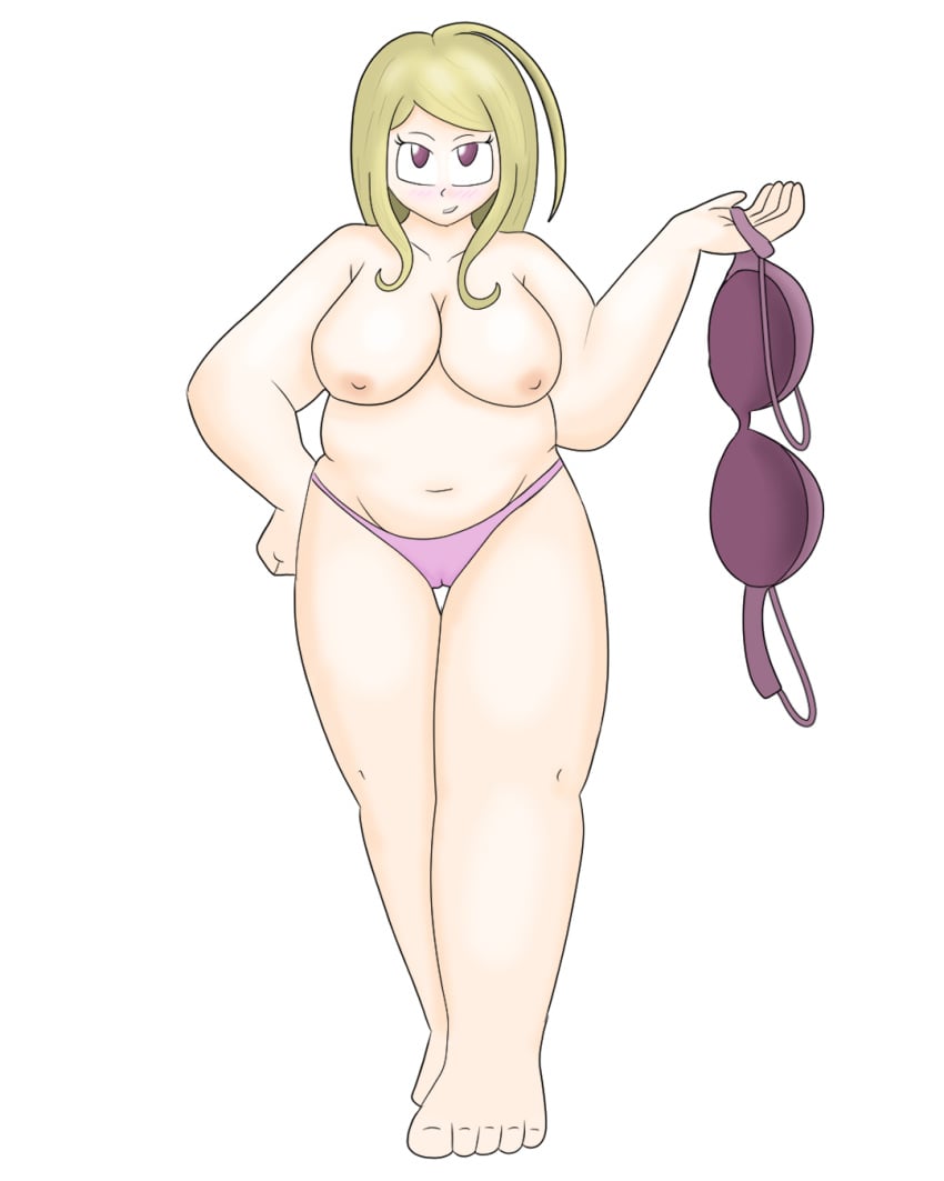 akamatsu_kaede blonde_hair blush blushing_at_viewer bra chubby chubby_female danganronpa female_only looking_at_viewer self_upload topless undressing