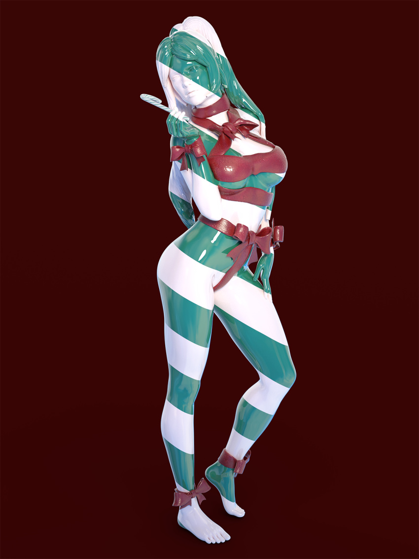 1girls 2019 3d 3d_(artwork) candy_cane christmas female female_only food food_transformation green_hair holidays intox original petrification solo standing statue tagme transformation