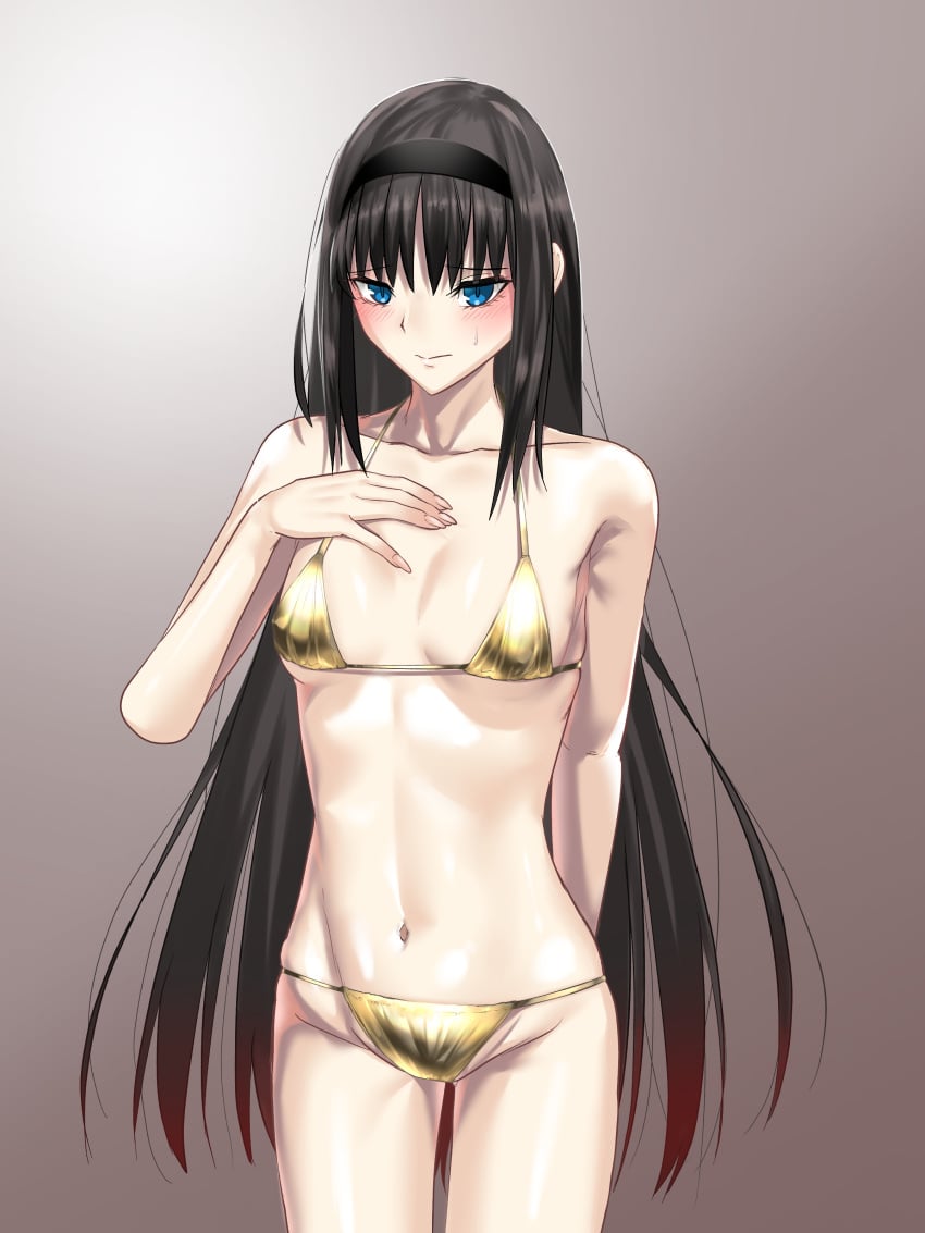 1girls arm_behind_back bikini black_hair blue_eyes blue_notuki blush curvy gold_bikini golden_bikini golden_week golden_week_bikini hairband hand_on_breast melty_blood small_breasts sweat sweatdrop tohno_akiha toned toned_female tsukihime wide_hips
