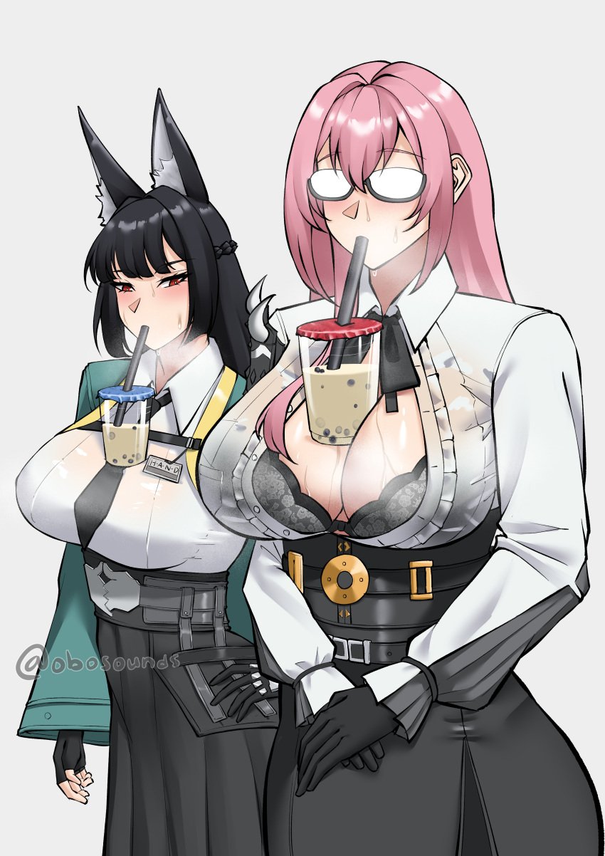 2girls absurdres animal_ear_fluff animal_ears artist_name bad_id bad_twitter_id black-framed_eyewear black_bra black_gloves black_hair black_necktie black_ribbon black_skirt blush bra breasts bubble_tea commentary drinking drinking_straw female fingerless_gloves fox_ears glasses gloves high-waist_skirt highres hoshimi_miyabi large_breasts long_hair long_sleeves multiple_girls neck_ribbon necktie obosounds own_hands_together pink_hair red_eyes ribbon skirt sweat tsukishiro_yanagi twitter_username underwear white_background zenless_zone_zero