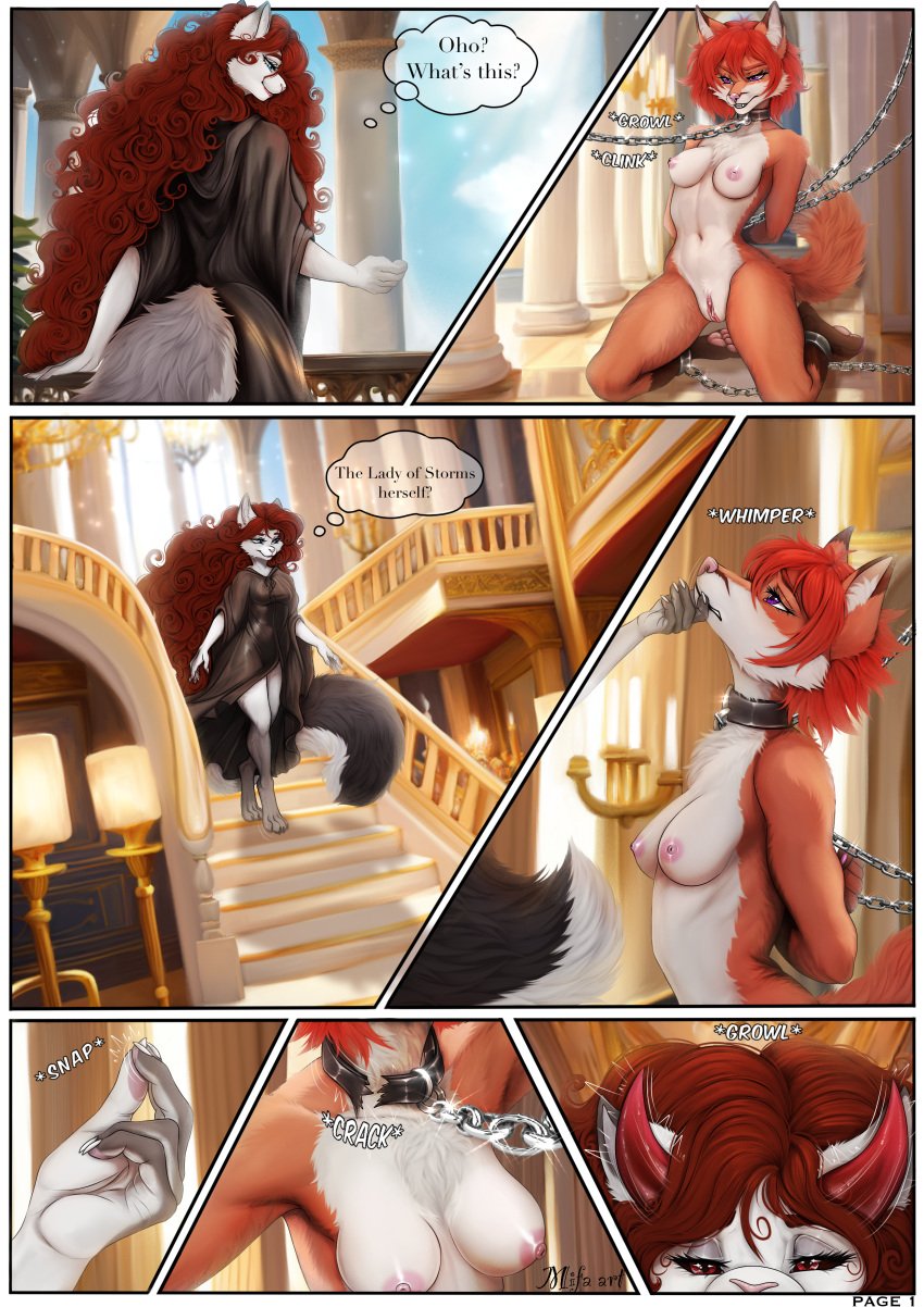 absurd_res anthro areola arms_tied beatrix_(crimsir) black_sclera blue_eyes bound breasts brown_hair candle canid canine captured chained chains chandelier chest_tuft clothing collar comic curly_hair dipstick_arms dipstick_ears dipstick_legs dipstick_tail domestic_cat dress duo ear_markings felid feline felis female female/female fluffy fluffy_tail fox fur grey_body grey_fur growling hair hand_on_chin hi_res horn long_hair mammal markings mifa multicolored_body multicolored_ears multicolored_fur nude onomatopoeia orange_body orange_fur pawpads pillar purple_eyes pussy raen_(crimsir) red_eyes red_hair short_hair snapping_fingers sound_effects stairs story story_in_description succubus tail tail_markings text thought_bubble tuft vulva whimper white_body white_fur