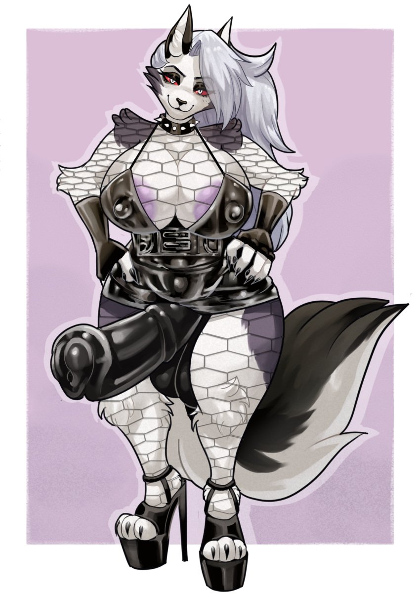 animal_genitalia animal_penis anthro asakitty balls big_balls big_breasts big_nipples big_penis breasts canid canid_demon canine clothing demon equine_genitalia equine_penis fishnet_clothing footwear fur futanari genitals gynomorph hair hands_on_hips hellhound helluva_boss hi_res high_heels intersex latex long_hair loona_(helluva_boss) mammal mythological_canine mythological_creature mythology nipples penis pink_nipples shoes smile smiling_at_viewer solo