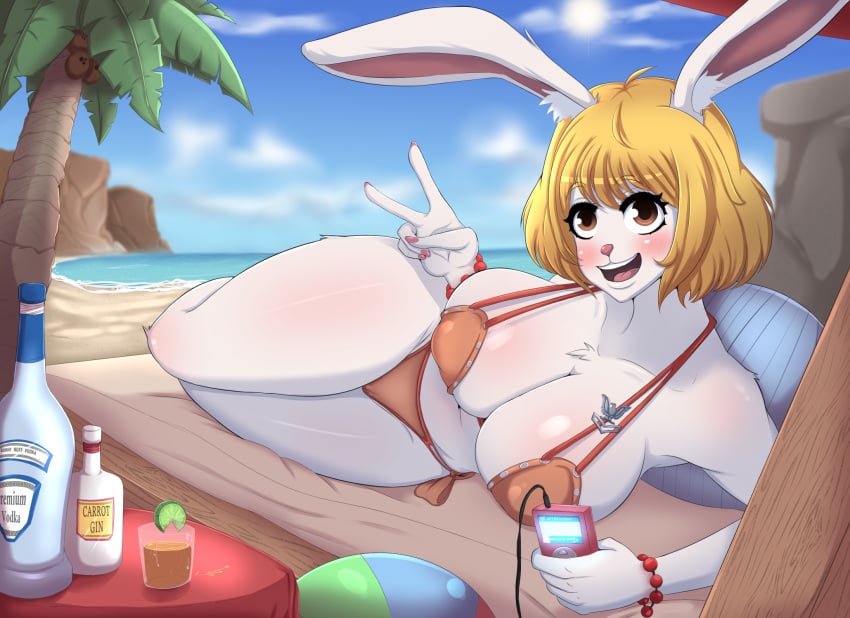 5_fingers alcohol anthro arm_support beach beverage big_breasts bikini blonde_hair bottle bracelet breasts cameltoe carrot_(one_piece) clothed clothing cloud female female_only fingers fur gesture glass hair hi_res huge_breasts jewelry kobioh lagomorph leporid looking_at_viewer lying mammal minkmen_(one_piece) nails on_side one_piece open_mouth outdoors palm_tree rabbit seaside shounen_jump skimpy sky smile solo solo_female sun swimwear teeth thick_thighs tree v_sign water white_body white_fur wide_hips