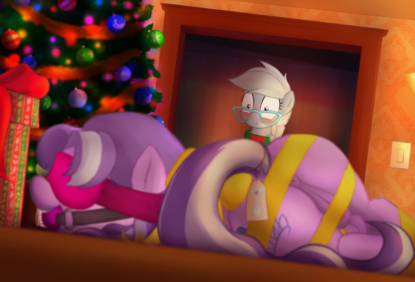 anonyxnugax anus ass ball_gag blindfold blush bound christmas diamond_tiara_(mlp) equid equine eyewear female feral friendship_is_magic gag gagged glasses holidays mammal my_little_pony pussy silver_spoon_(mlp) silvertiara