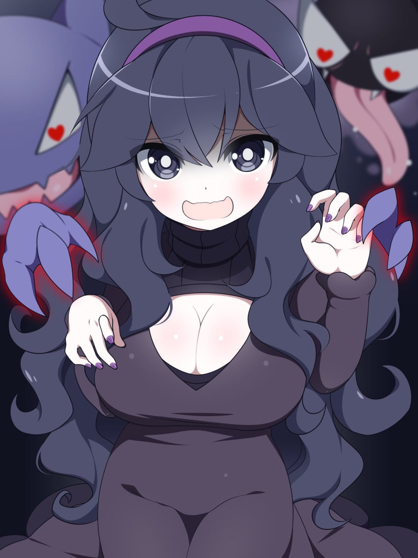 1girls 2018 alternate_breast_size ambiguous_gender black_hair breasts cleavage eye_contact female gastly goth half-closed_eyes haunter heart heart-shaped_pupils hex_maniac iryanic larger_female long_hair looking_at_viewer nintendo pokemon pokemon_rgby size_difference spiral_eyes thick_thighs wide_hips