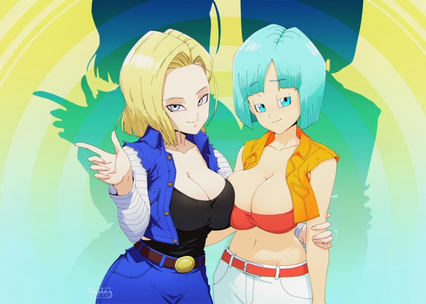 2girls alternate_version_available android_18 blonde_hair blue_eyes bulma_briefs bulma_briefs_(androids'_saga) cameltoe cleavage curvy dragon_ball erect_nipples female huge_areolae huge_ass huge_breasts liesday multiple_girls puffy_nipples short_hair shounen_jump thick_lips voluptuous wide_hips