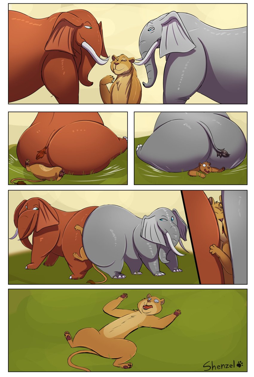 2021 absurd_res ambiguous_gender ass between_butts closed_eyes colored comic disney elephant elephantid facesitting felid female feral flattened group hi_res lion lying mammal nala on_back pantherine proboscidean shenzel size_difference smothering spiral_eyes the_lion_king trunk tusks