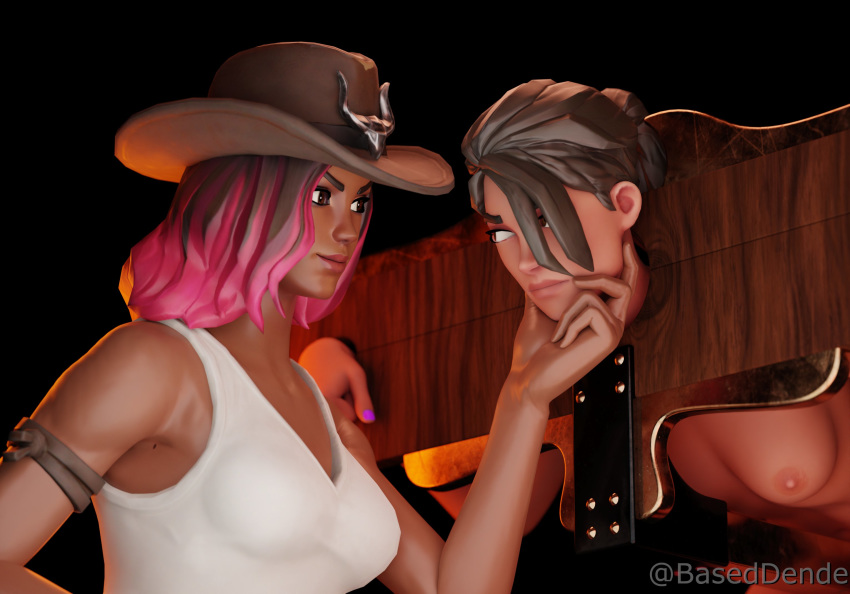 2girls 3d baseddende black_background bondage breasts calamity_(fortnite) captured clothed clothed_female clothing completely_nude completely_nude_female cowboy_hat cowgirl cowgirl_outfit dark-skinned_female dark_skin female_only fortnite fully_clothed fully_clothed_female hand_on_chin looking_at_each_other looking_at_partner nude nude_female pink_eyes pink_hair ramirez_(fortnite) short_hair stocks tagme tied_up white_shirt