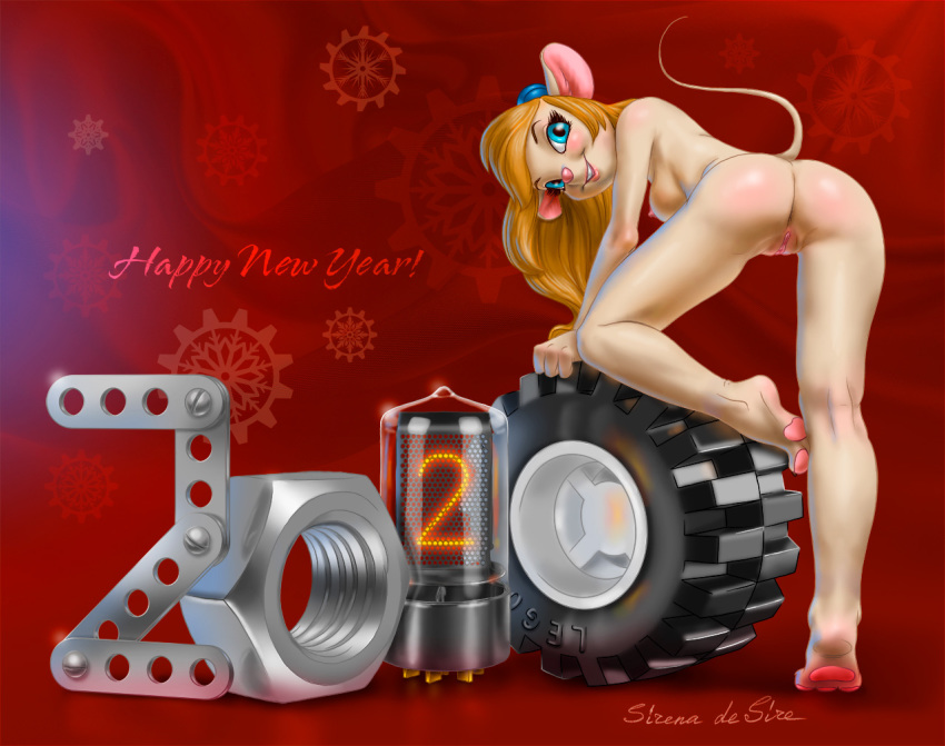 2020 anthro anthrofied ass blonde_hair blue_eyes breasts chip_'n_dale_rescue_rangers disney gadget_hackwrench hair holidays mammal mouse murid murine new_year nipples nixie_tube nude pawpads pussy rodent side_boob sirena_de_sire