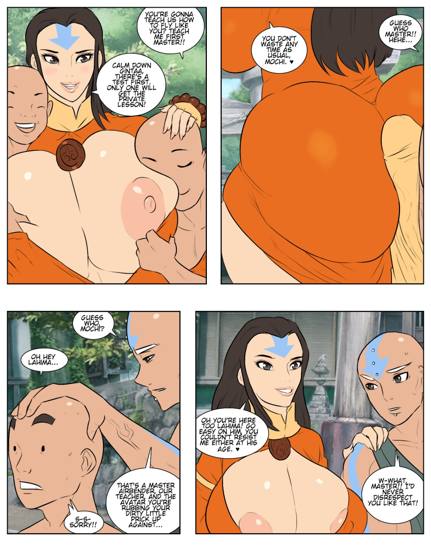 1girls 3boys air_nomad airbender_tattoo alternate_breast_size avatar_legends avatar_the_last_airbender big_ass big_breasts breasts clothing comic english english_text female guru_lahima huge_ass huge_breasts huge_penis jay-marvel large_ass large_breasts long_hair male massive_ass nickelodeon speech_bubble the_avatar thick_thighs yangchen