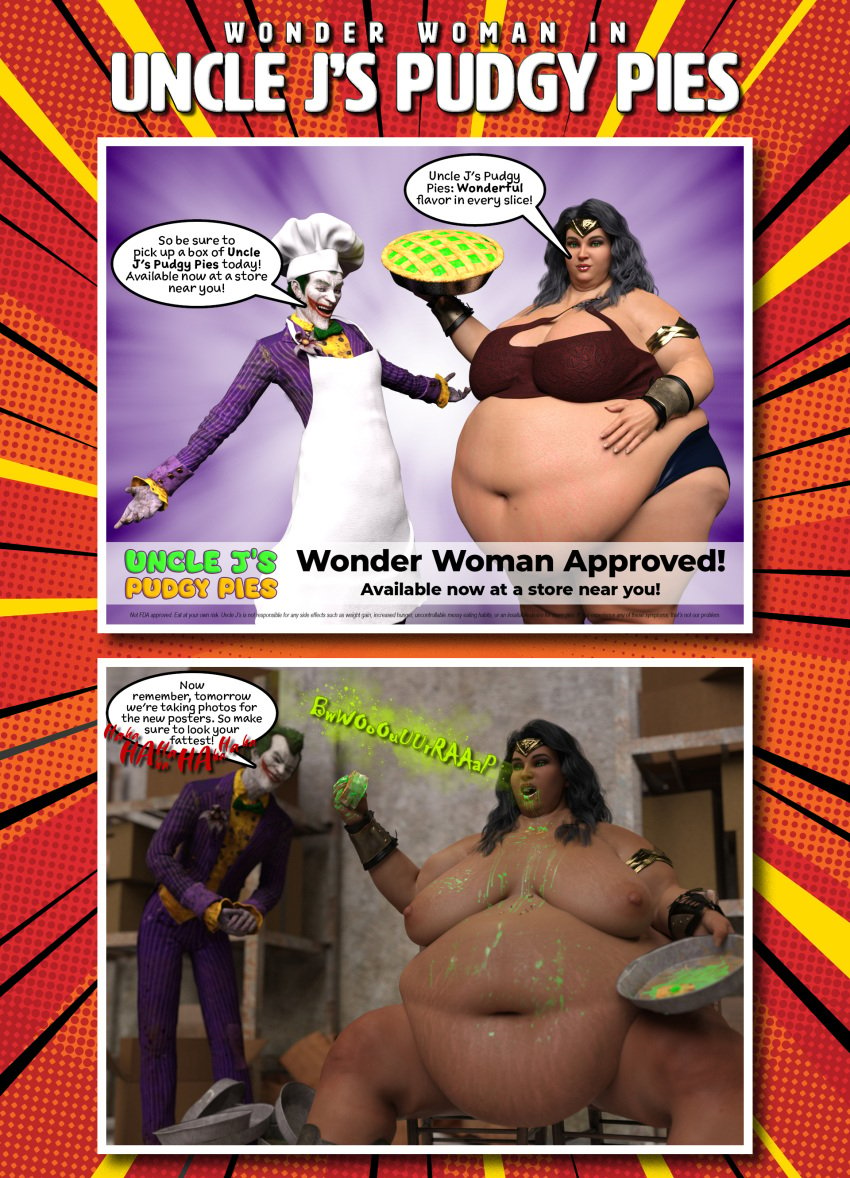 1boy 1girls 3d bbw belly big_belly big_breasts black_hair breasts burp burping dc dc_comics dialogue fat fat_belly fat_woman female female_focus huge_belly male morbidly_obese morbidly_obese_female nipples obese obese_female overweight overweight_female persondudemanguy size_difference ssbbw stretch_marks text the_joker weight_gain wonder_woman wonder_woman_(series)