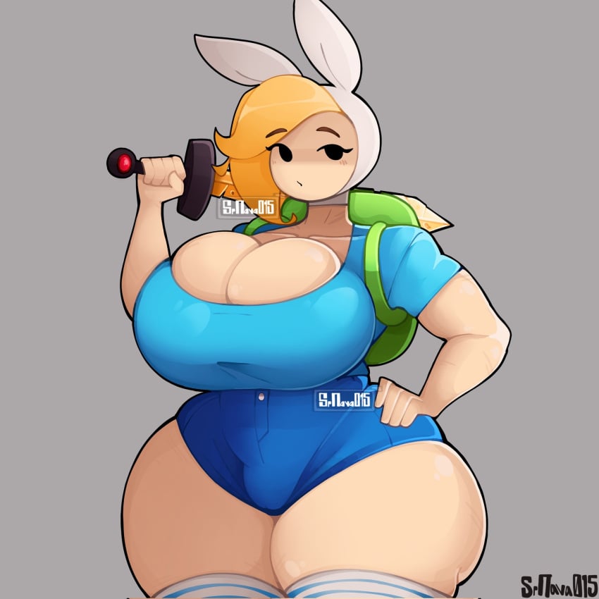 adventure_time backpack blonde_hair blue_shirt blue_shorts fionna_the_human_girl hand_on_hip holding_sword hourglass_figure huge_breasts huge_thighs srnava thick thick_legs thick_thighs tight_shorts