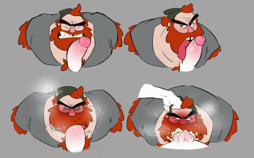 balls bara beard blowjob blush boner cum cum_in_mouth erection facial_hair gay gravity_falls hand_on_head lakingmoxxie licking_penis male male_only manly_dan muscles muscular orgasm penis