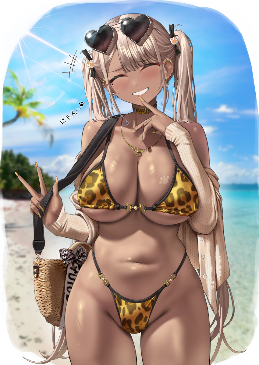 1girls asako_fuyuyama beach bikini blonde_hair breasts cleavage dark-skinned_female dark_skin female gyaru hi_res kuse_(0201) large_breasts leopard_print long_hair naughty_face original outdoors tan tan-skinned_female tanned_skin thick_thighs twintails