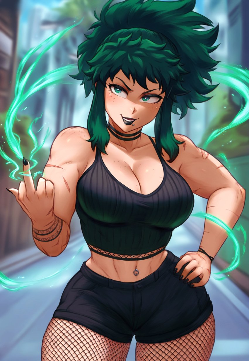 1girls abs adult_swim ai_generated black_shirt blue_sky choker cleavage eyelashes female_deku genderswap_(mtf) goth goth_girl gothification gothified green_hair hand_on_hip izuku_midoriya krystalizedart large_breasts laugh laughing long_eyelashes my_hero_academia narrow_waist navel_piercing open_mouth rule_63 short_hair solo solo_female solo_focus teeth teeth_showing thick_thighs tomboy toonami