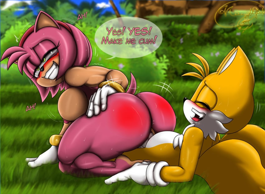 1boy 1boy1girl 1girls accessory age_difference amy_rose anthro ass big_breasts big_butt blush bracelet branch breasts canid canine cheating_girlfriend closed_eyes clothing cloud cuckold dialogue duo english_text eulipotyphlan fangs feet female fox fur furry genitals gloves golden92fox grass green_eyes grin hair_accessory hairband handwear hedgehog hi_res jewelry male male/female mammal miles_prower older_female on_bottom on_top outside_sex palm_tree penis pink_body plant red_butt reverse_cowgirl_position sega sex sky smile sonic_(series) sonic_the_hedgehog_(series) speech_bubble tail tails tan_body tan_skin teeth text tree white_body white_fur yellow_body younger_male