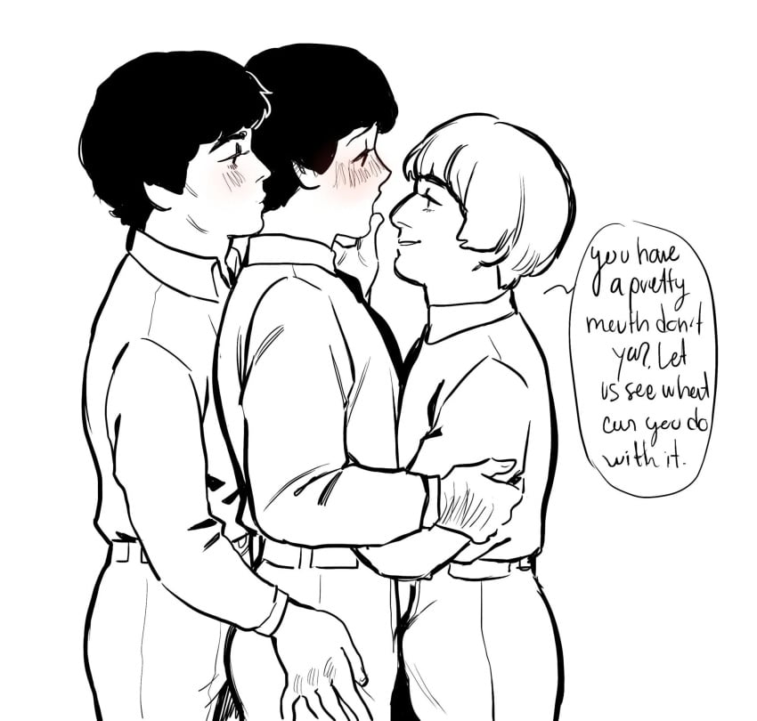 3boys before_sex black_and_white blush clothed dialogue english_text george_harrison hand_on_another's_arm hand_on_another's_hip hand_on_arm hand_on_hip looking_at_another male male_only mmm_threesome no_color paul_mccartney ringo_starr sandwiched speech_bubble the_beatles threesome yaoi