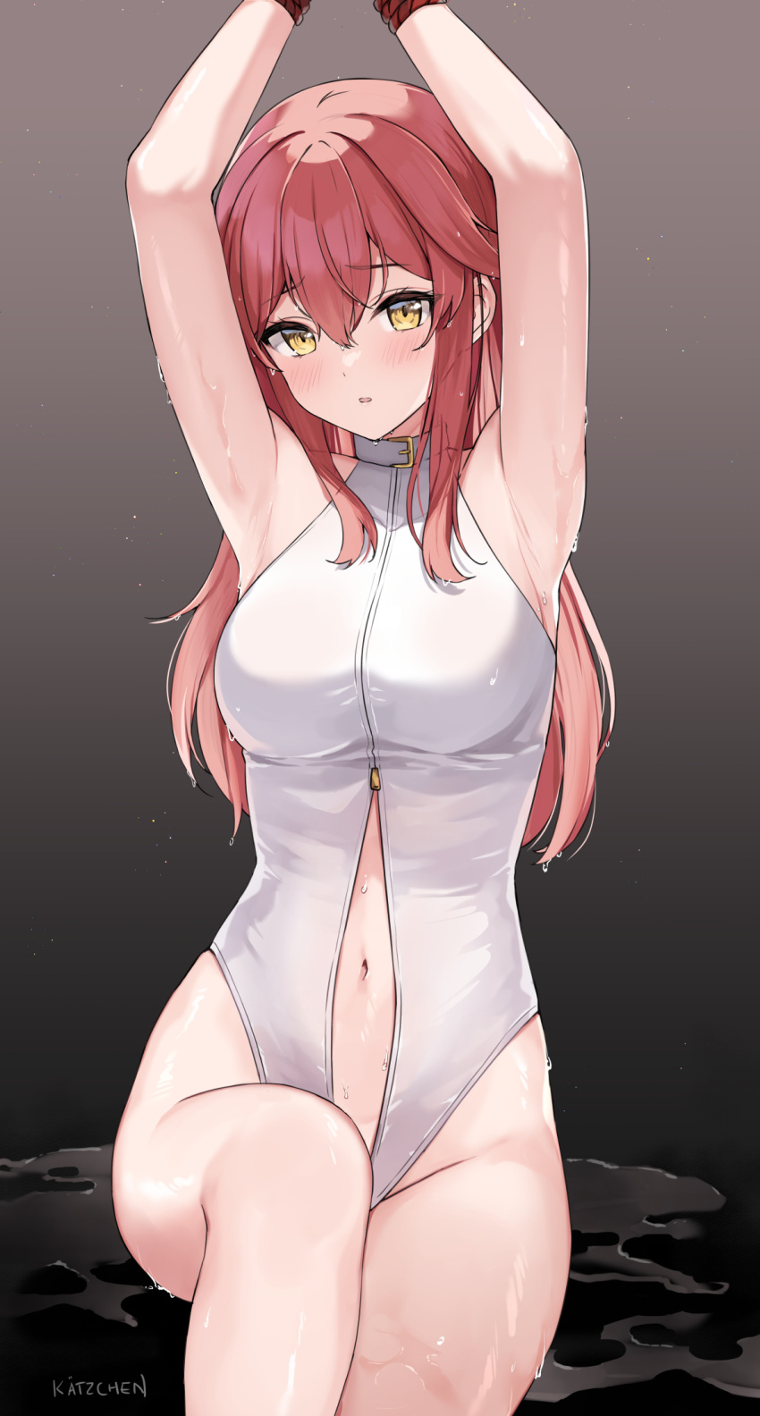 1girls absurd_res absurdres armpits arms_above_head arms_up bare_armpits bare_arms bare_calves bare_hips bare_knees bare_legs bare_navel bare_shoulders bare_skin bare_thighs belly belly_button bikini black_background blush blush_lines blushing blushing_at_viewer blushing_female breasts collarbone dark_background dot_nose dripping_wet elbows embarrassed embarrassed_female eyebrows_visible_through_hair female female_focus female_only gradient_background groin hair_between_eyes half_naked hands_above_head hands_up head_tilt high_resolution highres hourglass_figure kaetzchen knee_up knees leg_up legs light-skinned_female light_skin liliya_(kaetzchen) lips long_hair looking_at_viewer medium_breasts navel one-piece_swimsuit original original_art original_artwork original_character parted_lips red_hair red_hair_female shoulders simple_background sitting slender_body slender_waist slim_girl slim_waist solo swimsuit swimwear thick_thighs thighs thin_waist tied tied_arms tied_hands tied_up tilted_head upper_body v-line wet wet_belly wet_bikini wet_body wet_breasts wet_clothes wet_face wet_hair wet_legs wet_pussy wet_skin wet_thighs white_bikini white_one-piece_swimsuit white_swimsuit white_swimwear wide_hips yellow_eyes yellow_eyes_female