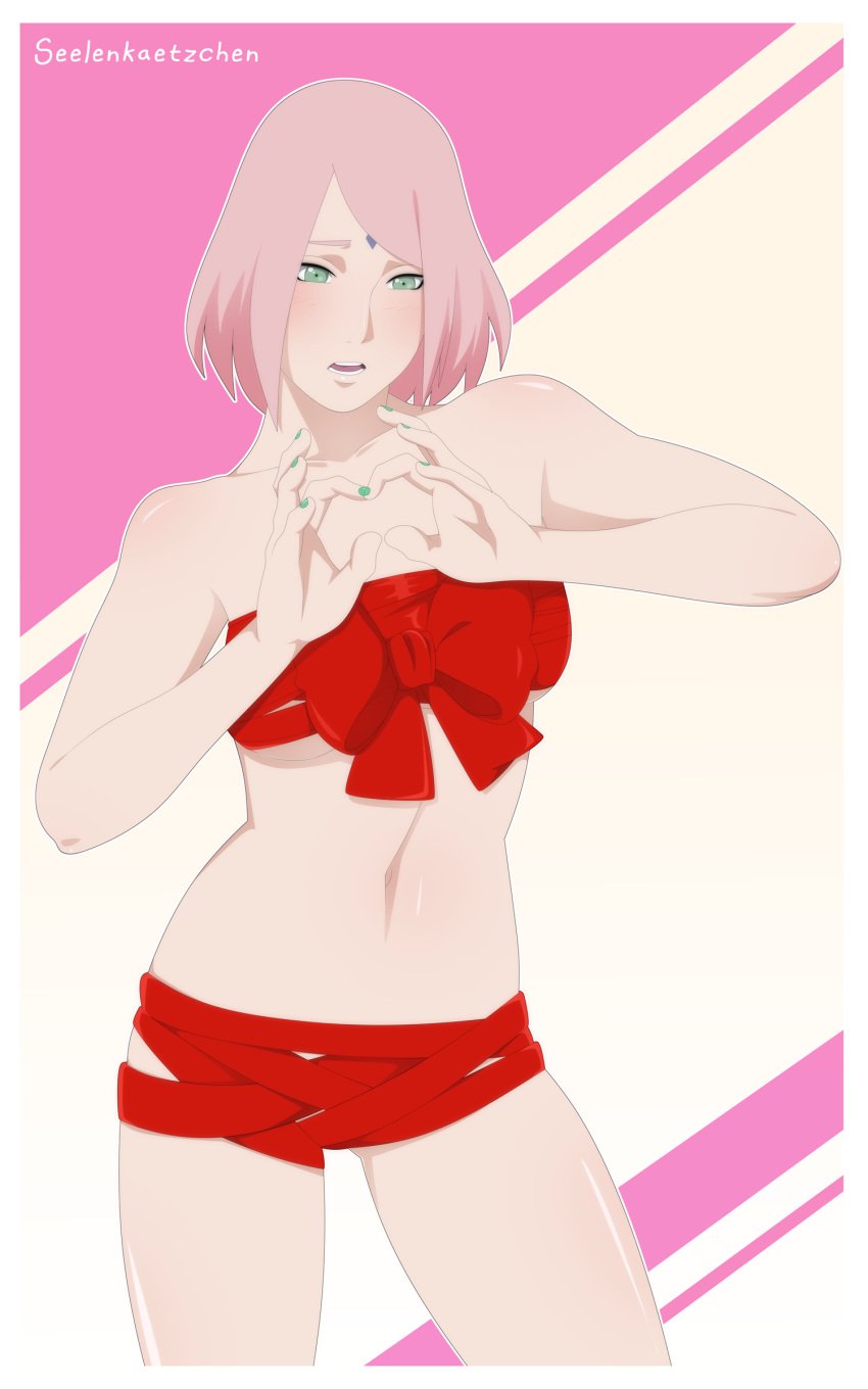 boruto:_naruto_next_generations christmas christmas_outfit female female_only naruto naruto_shippuden navel offering pink_hair sakura_haruno seelenkaetzchen solo tagme