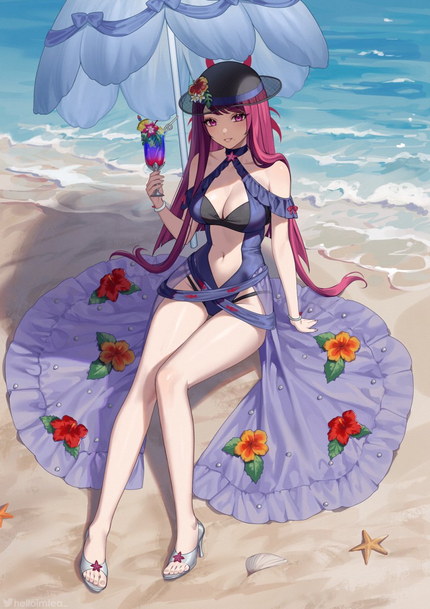 1girls absurdres alternate_costume bare_arms bare_shoulders beach beach_umbrella blue_one-piece_swimsuit blue_swimsuit bracelet breasts cleavage commission cup drink drinking_straw female female_only fire_emblem fire_emblem_engage fire_emblem_heroes flower hat helloimtea highres holding holding_cup ivy_(fire_emblem) ivy_(summer)_(fire_emblem) jewelry large_breasts long_hair looking_at_viewer mole mole_under_mouth navel nintendo non-web_source ocean official_alternate_costume one-piece_swimsuit pink_eyes purple_hair purple_one-piece_swimsuit sitting smile solo sun_hat swimsuit thighs umbrella