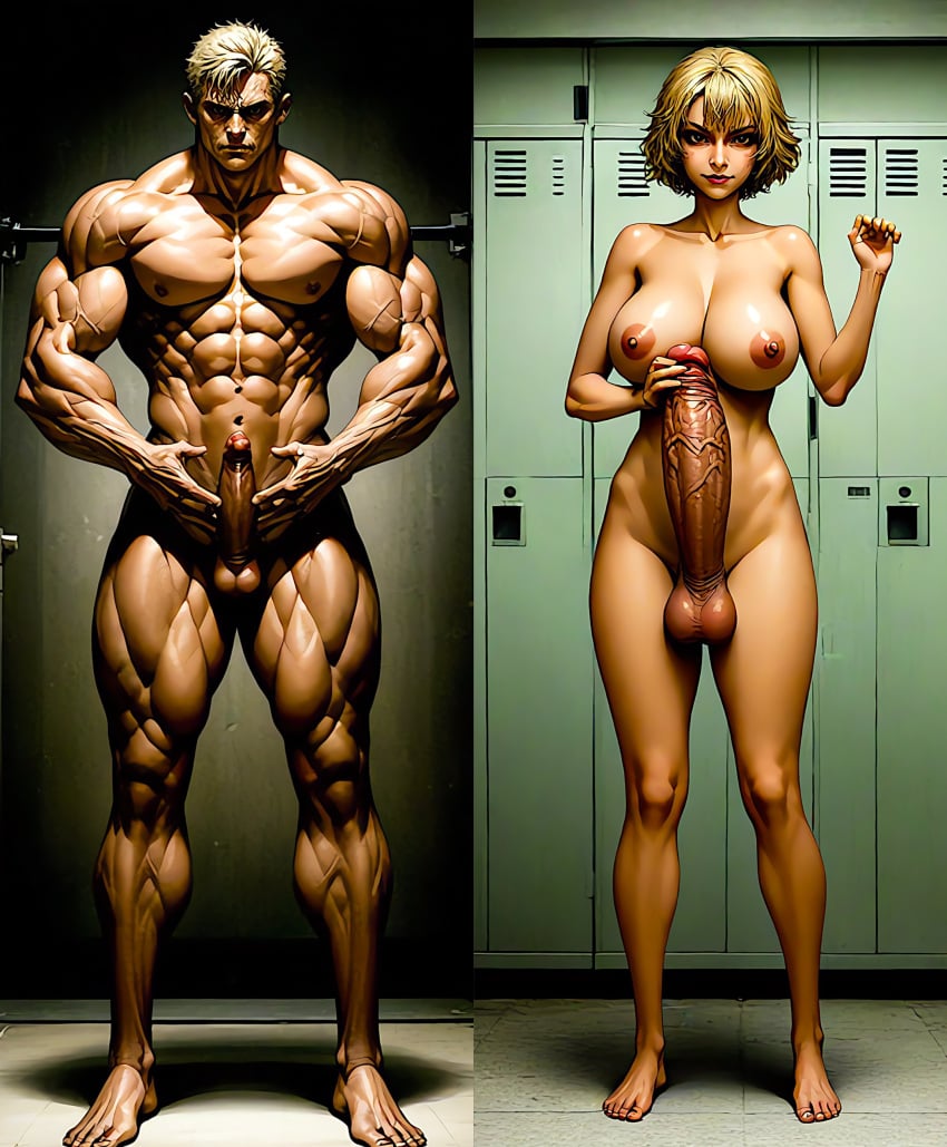 ai_generated breasts cock_comparison comparing comparing_penis comparison futadom futanari futanari_domination muscles muscular_male size_comparison size_difference smaller_futanari