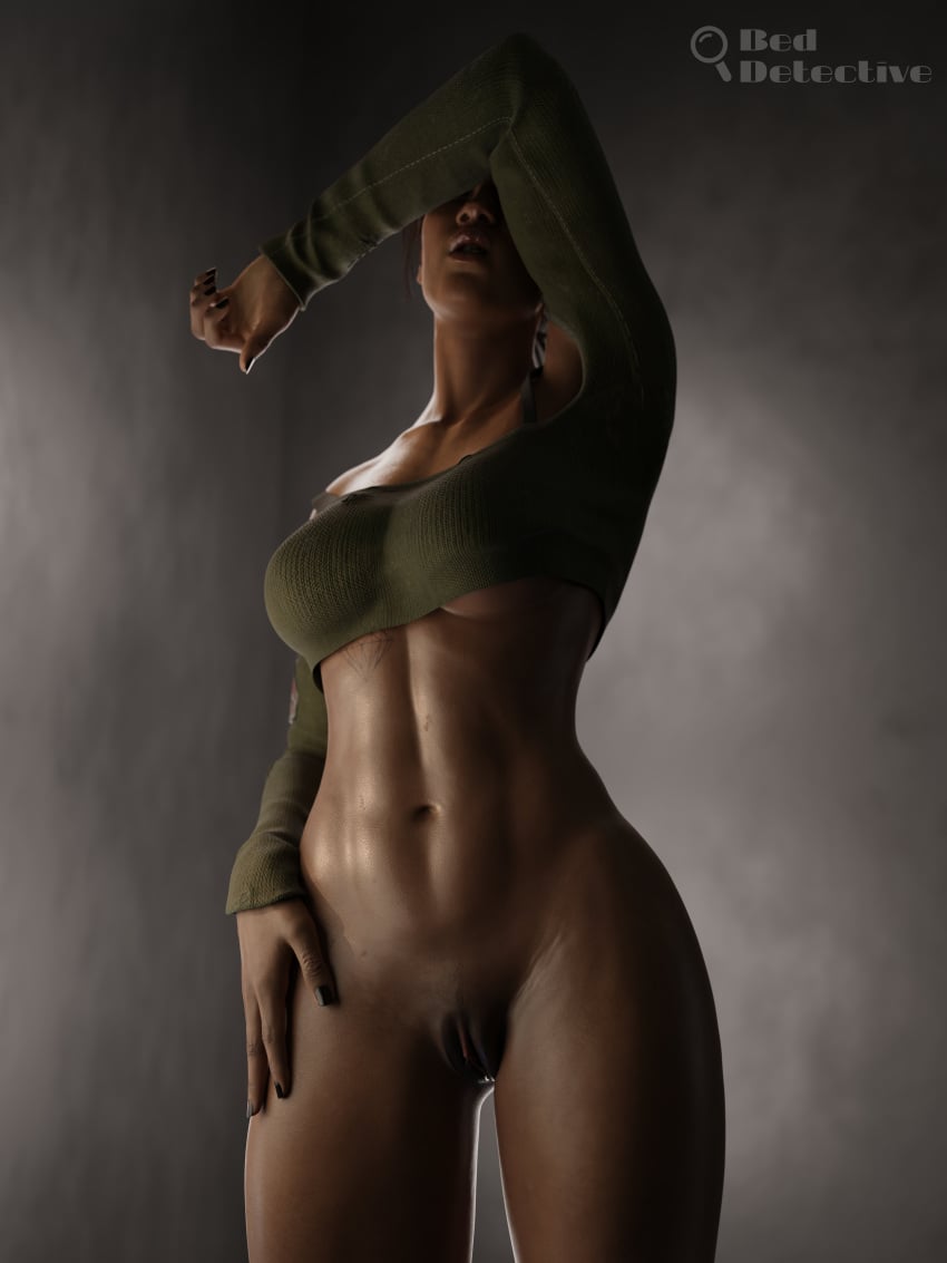 1female 1girl 1girls 1woman 3d 3d_(artwork) abs athletic_female beddetective belly_button bottomless bottomless_female breasts cd_projekt_red covering_eyes cyberpunk_(series) cyberpunk_2077 female female_focus female_only female_solo fit_female girl girl_only hi_res high_resolution highres large_breasts navel only_female panam_palmer pussy simple_background solo solo_female solo_focus standing tattoo vagina woman