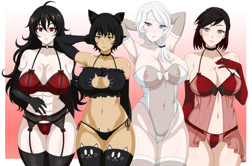 4girls abs absurd_res absurdres alternate_version_available animal_ears areola_slip areolae armwear babydoll big_breasts black_eyes black_gloves black_hair black_panties black_thighhighs blue_eyes bra breasts cameltoe cat_ears cat_lingerie catgirl choker cleavage elbow_gloves female female_only garter_belt garter_straps gloves hair hand_behind_head hands_behind_head high_resolution highres hips huge_breasts kali_belladonna lace lace-trimmed_bra lace-trimmed_garter_belt lace-trimmed_panties lace_trim legwear lingerie long_hair mature mature_female mature_woman milf mother multiple_girls multiple_milfs muscular neckwear nightgown panties raven_branwen red_bra red_eyes red_gloves red_hair red_panties reiichiart ribbon rwby short_hair summer_rose thighhighs thighs topwear white_gloves white_hair white_thighhighs willow_schnee yellow_eyes