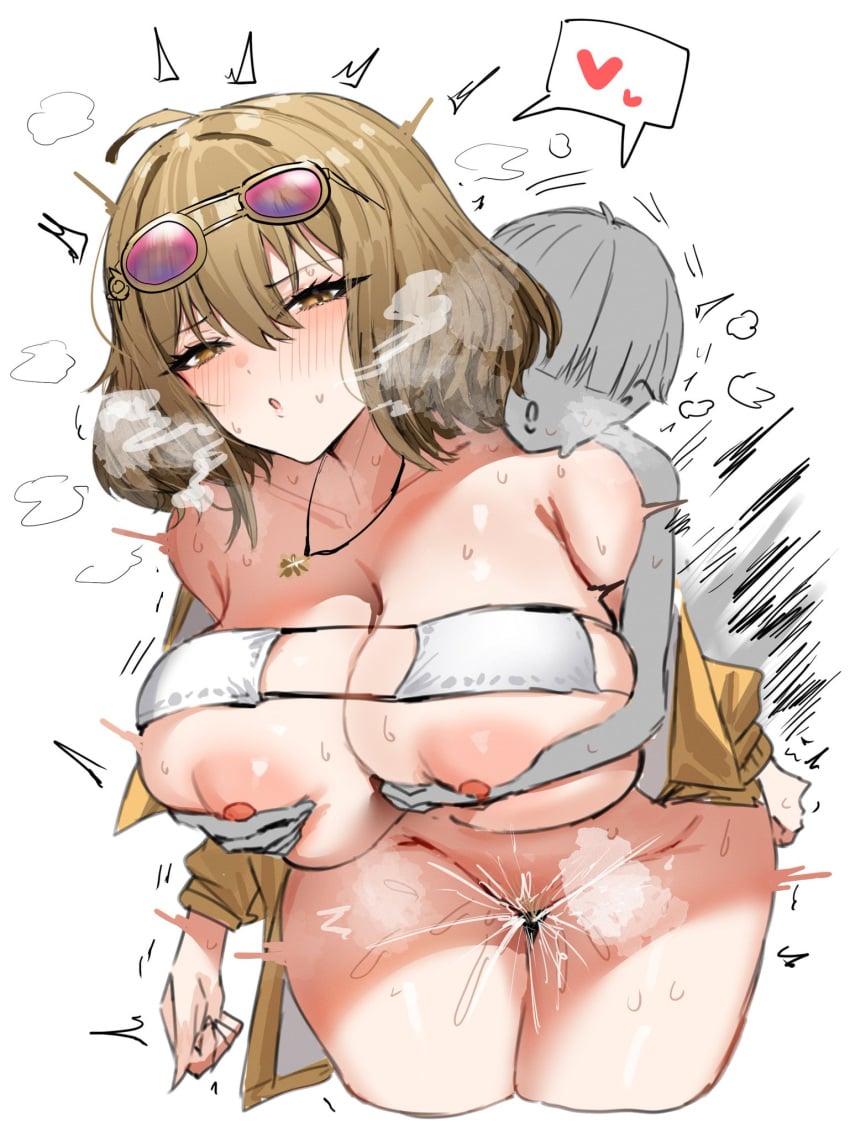 1boy 1girls ambiguous_penetration anis_(nikke) anonymous_character areolae big_breasts big_thighs bikini bodily_fluids female goddess_of_victory:_nikke grabbing_breasts groping groping_breasts horn/wood motion_lines mounting necklace orgasm shorter_male smaller_male steam steaming_body steamy_breath sunglasses sunglasses_on_head younger_male